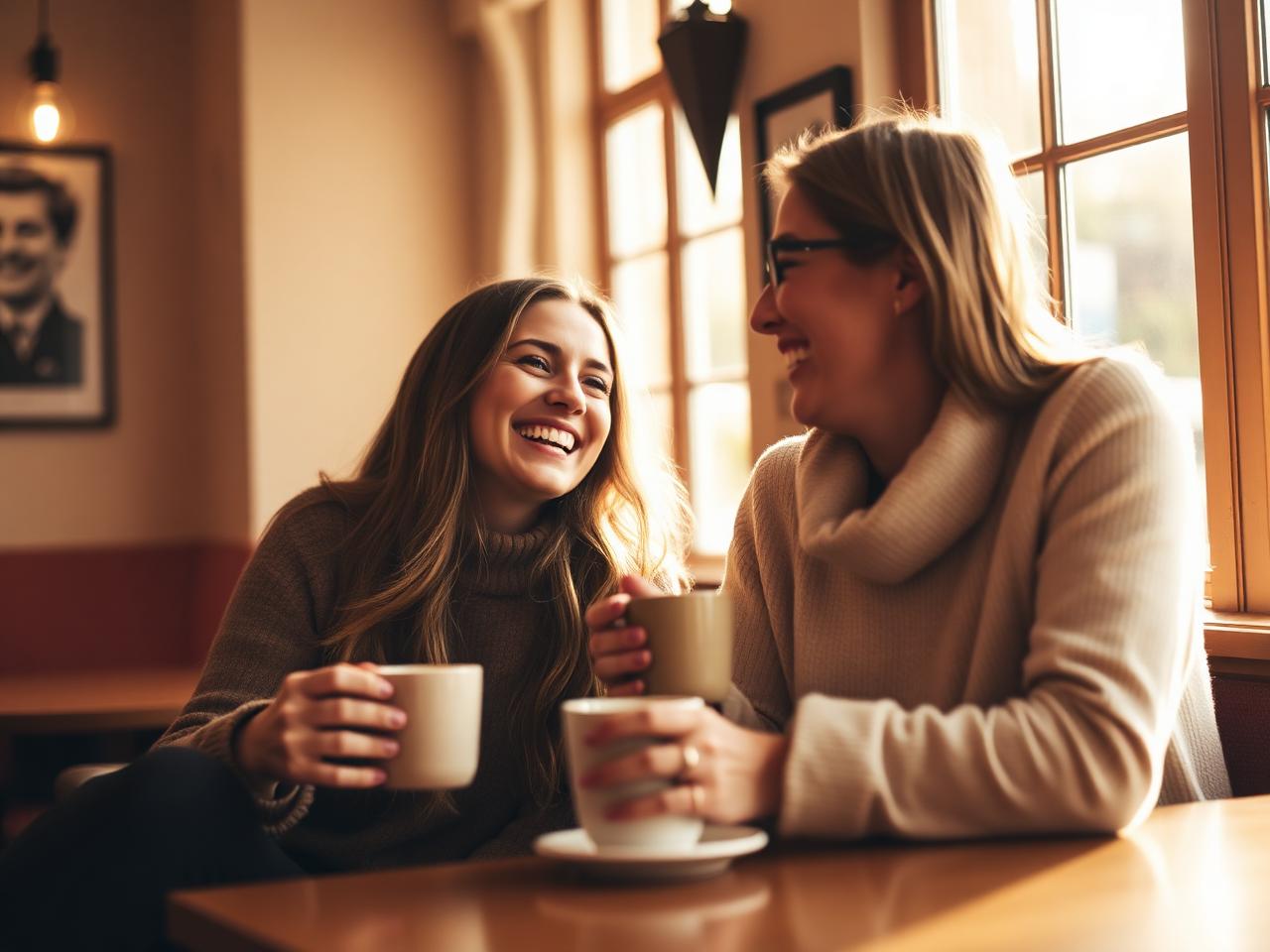Two friends sharing a coffee and laughing in a sunlit cafe